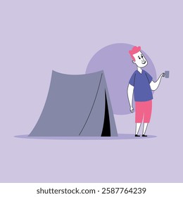 Cheerful traveler enjoying warm cup while standing outside tent. Peaceful camping experience concept