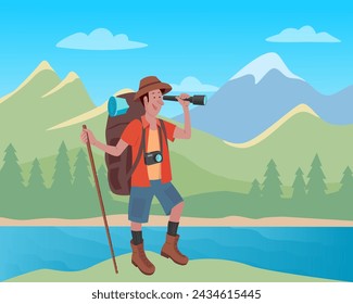 Cheerful traveler man with a  backpack looks at the telescope. Landscape with mountains, lake and forest. Vector color illustration.