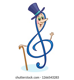 Cheerful treble clef in a top hat and with a cane. In cartoon style, isolated on white background.  Vector illustration.