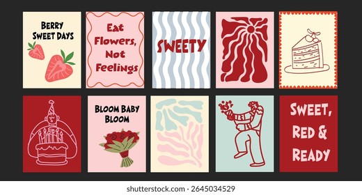 Cheerful Trendy summer designs combining fun typography with delicious produce – strawberries, tomatoes, broccoli, and more – ideal for social media or poster templates.

