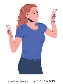 Cheerful Trendy Woman Showing Peace Gesture with Fingers. Smiling Female Character With Victory Sign. Expression of Feelings, Emotions. Body Language. Gesture of Success. Flat Vector Illustration