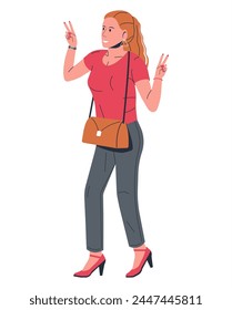 Cheerful Trendy Woman Showing Peace Gesture with Fingers. Smiling Female Character With Victory Sign. Expression of Feelings, Emotions. Body Language. Gesture of Success. Flat Vector Illustration