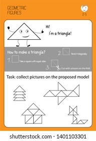 Cheerful triangle. Educational flash cards with tasks for study of geometric shapes. for preschoolers, kindergartens, home schooling