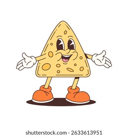 Cheerful triangular nacho mascot with orange boots and gloves, designed in vibrant cartoon style for food promotion and entertainment. Vector mascot illustration