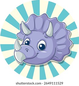 A cheerful triceratops illustration in vibrant colors with a retro sunburst background. Perfect for children's media and educational materials
