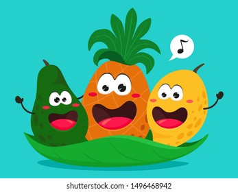 A cheerful trio of mango, pineapple and avocado on a green leaf sings a song. Vector illustration in cartoon style. Great fruit.