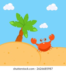 Cheerful tropical beach scene with a palm tree and sand. An orange crab sits smiling under the sunny sky. Flat illustration for summer travel, holiday, and nature lifestyle concepts.