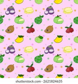 Cheerful Tropical Fruit Toss on Pink: A Lively Repeat Pattern With Mangosteen, Santol, Langsat, Guava, and Mango Illustrations Scattered on a Soft Pink Backdrop (Um animado padrão de repetição com ilustrações de mangostão, Santol, Langsat, Guava e Manga espalhadas em um fundo rosa suave)