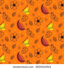 Cheerful tropical pattern featuring watermelon slices, yellow melon wedges, hibiscus flowers, leafy botanical outlines, textured marks, curls, dots, plus playful hand-drawn details on a bright orange background. This seamless arrangement combines juicy fruit, flora, graphic ornament, warm color, sunny energy, casual illustration, rhythmic repetition, contemporary styling, and decorative appeal. Suitable for fabric, wallpaper, stationery, packaging, apparel, wrapping paper, kitchen textiles, beach accessories, seasonal merchandise.