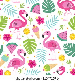 cheerful  tropical seamless pattern with pink  flamingo