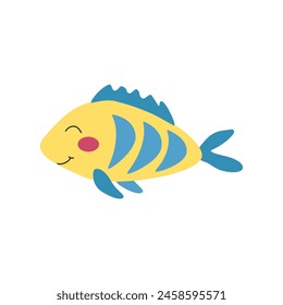 cheerful tropical yellow fish with blue stripes. Vector cartoon illustration for stickers, children's books, products, room decoration.