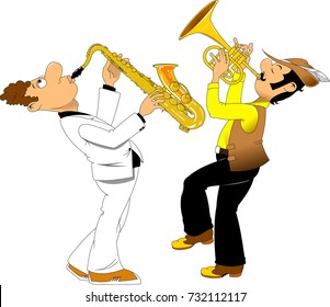 cheerful trumpeter in a hat and saxophonist in dress coat, vector