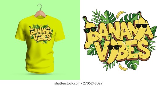 Um design de camiseta alegre mostrando a frase "Banana Vibes" com folhas tropicais, bananas, faíscas e letras arredondadas brincalhonas. A paleta quente, formas suaves e decorações frutadas bonitos