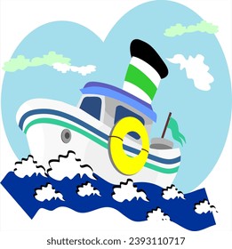 cheerful tugboat sails on the waves