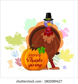 A cheerful turkey stands near a pumpkin with the inscription Happy Thanksgiving and surrounded by autumn leaves. Design for greeting card, poster, banner or flyer.