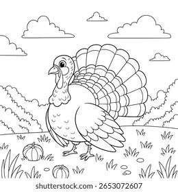 A cheerful turkey struts proudly among pumpkins—perfect for a Thanksgiving-themed coloring activity!