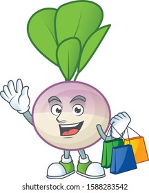 Cheerful turnip mascot waving and holding Shopping bags