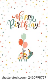 A cheerful turtle flies on three balloons in a cap. A cute holiday cartoon character in a simple childish hand-drawn style. Vector card with happy birthday lettering and confetti in a pastel palette