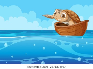 A cheerful turtle floats on the ocean waves