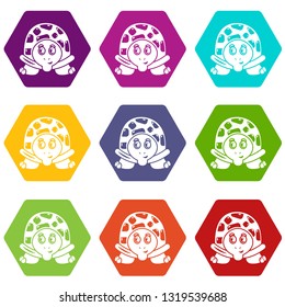 Cheerful turtle icons 9 set coloful isolated on white for web