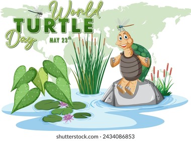 Cheerful turtle on a rock celebrating World Turtle Day.