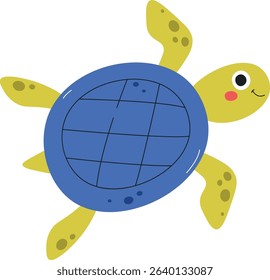 A cheerful turtle with a patterned shell and expressive eyes in a playful drawing style. The turtle's limbs and face are animated with a friendly expression. Cartoon vector illustration.