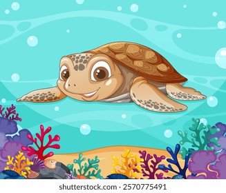 A cheerful turtle swimming in vibrant ocean scenery