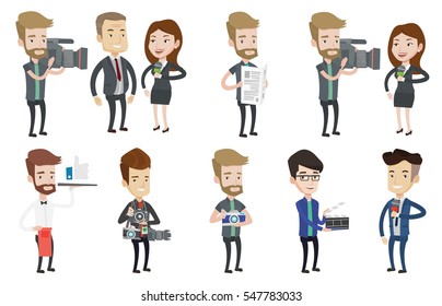 Cheerful TV reporter with microphone. Young caucasian female TV reporter presenting the news. TV transmission with a reporter. Set of vector flat design illustrations isolated on white background.