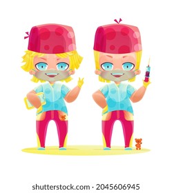 Cheerful twins of a doctor in bright uniforms. Drawing in the style of cartoon manga and anime. Cute character in bright colors