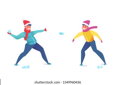 Cheerful two young men in santa hat throwing snowball with smile. Vector male characters having fun outdoors at winter holiday. Boys playing snowball game at christmas