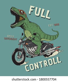 Cheerful tyrannosaur rides on motorcycle.Dinosaur biker.Retro prints design for t-shirts.Vector illustration