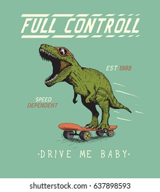 Cheerful tyrannosaur rides on skateboard.Dinosaur skateboarder dressed in sunglasses.Prints vintage design for t-shirts