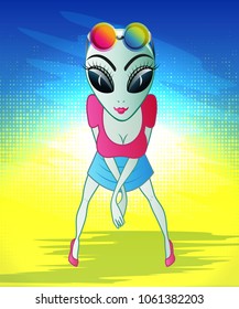 Cheerful UFO aliens girl in clothes with make-up and wearing sunglasses