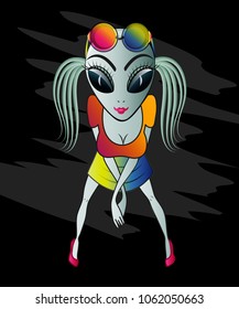 Cheerful UFO aliens girl in clothes with make-up and wearing sunglasses