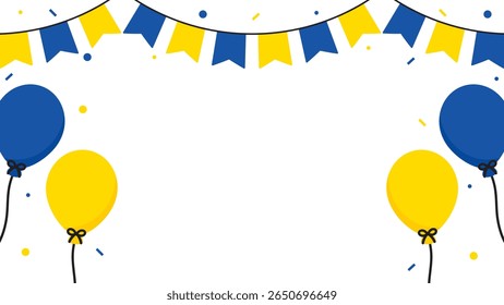 Cheerful Ukraine celebration illustration with the Ukraine flag-colored party bunting, balloons, and confetti. Flat design illustration.