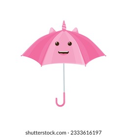 A cheerful umbrella. A beautiful pink children s umbrella with unicorn horns and a cheerful smile. Pink umbrella in cartoon style. Vector illustration isolated on a white background