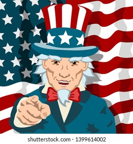 Cheerful Uncle Sam is smiling and pointing a finger at you against the background of the American flag