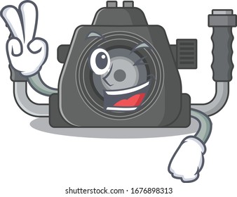 Cheerful underwater camera mascot design with two fingers