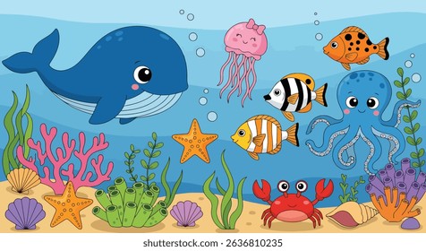 Cheerful underwater world illustration with cute whale, octopus, jellyfish, fish, crab, starfish, and corals. Perfect for children's books and marine designs