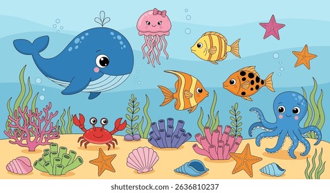 Cheerful underwater world illustration with cute whale, octopus, jellyfish, fish, crab, starfish, and corals. Perfect for children's books and marine designs