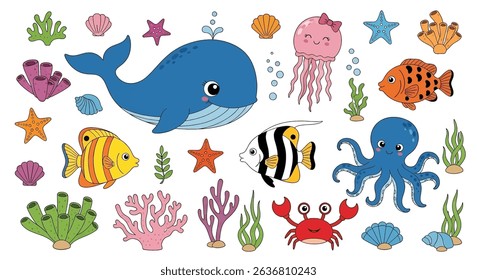 Cheerful underwater world illustration with cute whale, octopus, jellyfish, fish, crab, starfish, and corals. Perfect for children's books and marine designs