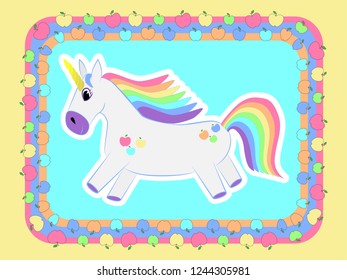 Cheerful unicorn with apples. Unicorn gallops on a colored background. Back background with multicolored apples. Unicorn with a rainbow mane, and a rainbow tail. Illustration for children.