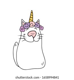 Cheerful unicorn cat with a wreath of flowers.Design of banners and postcards. Sticker. Vector design 