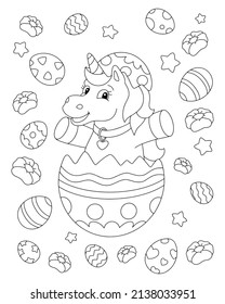 Cheerful unicorn celebrates easter. Coloring book page for kids. Cartoon style character. Vector illustration isolated on white background.