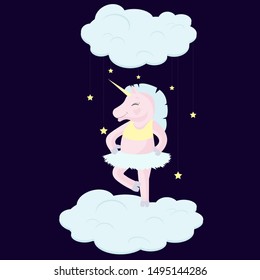 Cheerful unicorn dancing on a cloud. Dark blue background and stars. Unicorn ballerina. Happy clumsy horse.