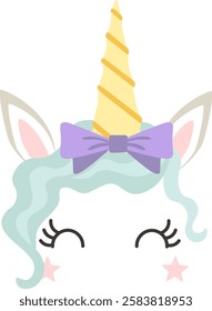 Cheerful unicorn face with a golden spiral horn, purple bow, mint green mane, closed eyes, long eyelashes, and pink stars, creating a magical and adorable design