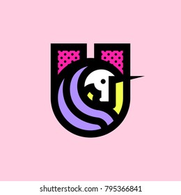 Cheerful unicorn head with cool violet hair. Funny emblem of u letter. Cute design for sticker, pin or print