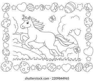 A cheerful unicorn jumps across the clearing. Easter frame. Coloring book page for kids. Cartoon style character. Vector illustration isolated on white background.