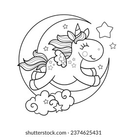 Cheerful unicorn jumps on the moon. Black and white linear drawing. For children's design of coloring books, prints. posters stickers, cards, puzzles, etc. Vector