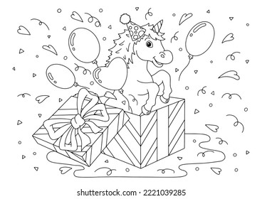 A cheerful unicorn jumps out of a gift box. Coloring book page for kids. Cartoon style character. Vector illustration isolated on white background.